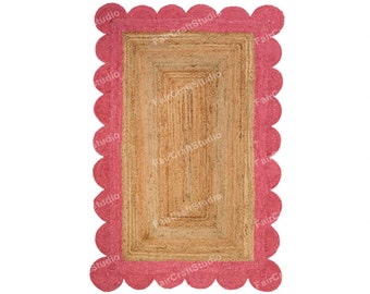 Pink Area Rug 8x10 Jute Rug 8x10 Scallop Rug Hot pink Jute Scalloped Rug Braided Rug Scallop Jute Rug 9x12 rug Jute Area Rug Jute Rug 10x14
