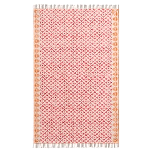May include: A rectangular rug featuring a repeating floral pattern in red and white. The rug has a cream-coloured background with a symmetrical design. The edges are bordered with an orange floral pattern and finished with fringe.