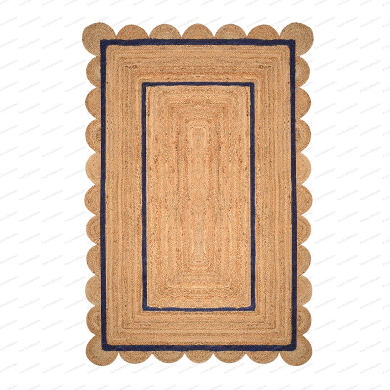 Scallop Rug Jute Rug Jute Scalloped Rug Jute Runner Rug Jute Area Rug 8x10 Jute Rug Scallop Jute Rug Scalloped Jute Rug Jute Rug 10x14, 9x12 Navy blue