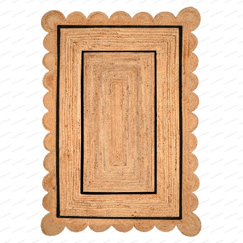 Scallop Rug Jute Rug Jute Scalloped Rug Jute Runner Rug Jute Area Rug 8x10 Jute Rug Scallop Jute Rug Scalloped Jute Rug Jute Rug 10x14, 9x12 Czarny