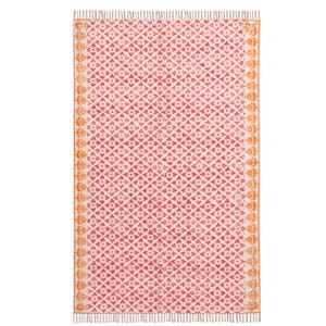 May include: A rectangular rug featuring a repeating floral pattern in red and white. The rug has a cream-coloured background with a symmetrical design. The edges are bordered with an orange floral pattern and finished with fringe.
