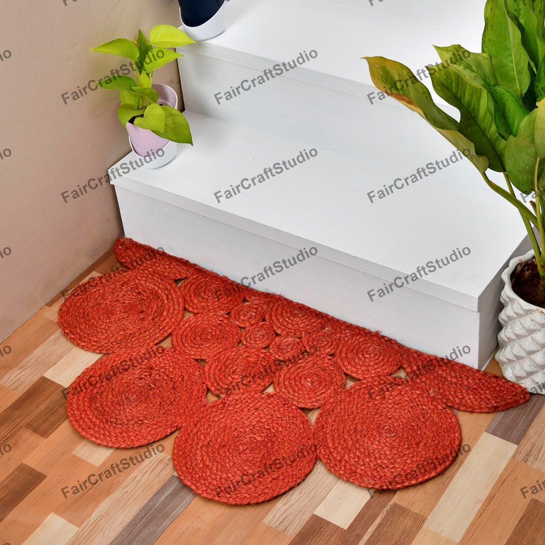 Orange Jute Mat , Braided Half Circle Doormat, Boho Semi Circle Doormat