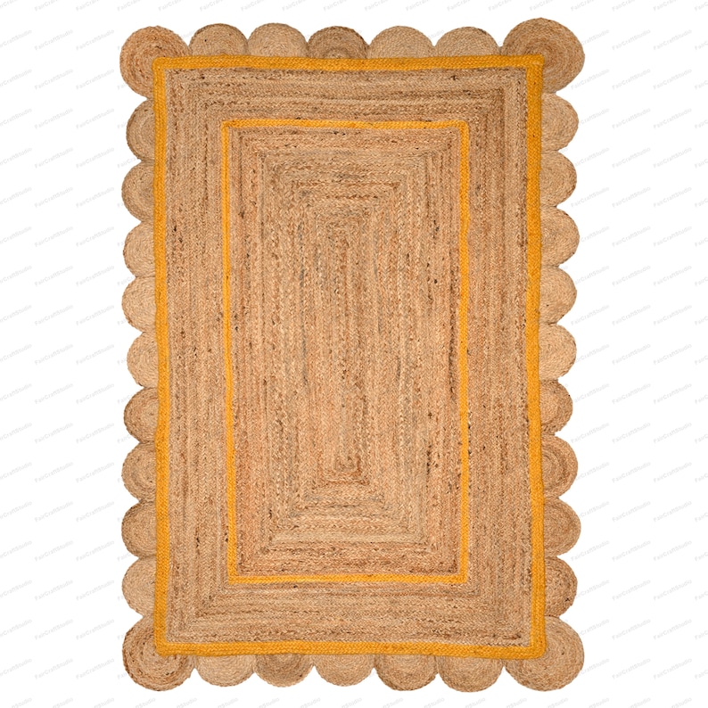 Scallop Rug Jute Rug Jute Scalloped Rug Jute Runner Rug Jute Area Rug 8x10 Jute Rug Scallop Jute Rug Scalloped Jute Rug Jute Rug 10x14, 9x12 Żółty