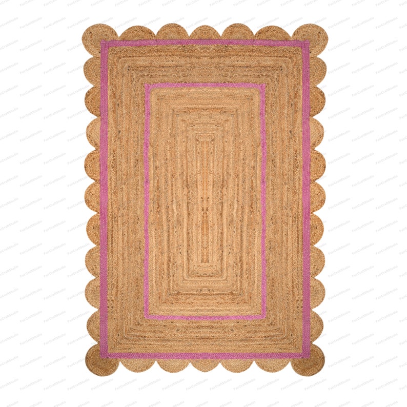 Scallop Rug Jute Rug Jute Scalloped Rug Jute Runner Rug Jute Area Rug 8x10 Jute Rug Scallop Jute Rug Scalloped Jute Rug Jute Rug 10x14, 9x12 Różowy