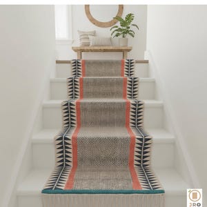 Puede incluir: Alfombra para escaleras con diseño geométrico. La alfombra tiene un fondo beige, una franja central coral y detalles triangulares negros. Está colocada en escaleras blancas y tiene un borde con flecos. Mide unos 200 cm de largo.