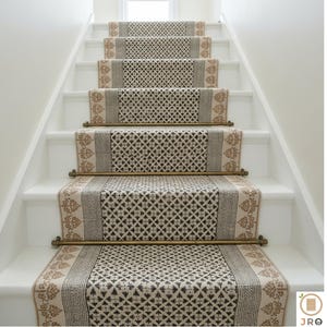 May include: Staircase with white risers and patterned stair runners. The runners feature a repeating geometric design in shades of brown and beige, with decorative borders. Brass rods secure the runners to the steps, creating a cohesive and stylish look.