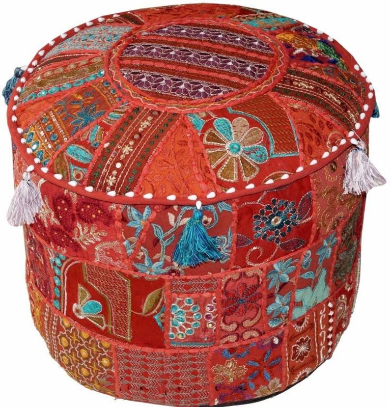 Boho Pouf Pouffe in Red Indian Patchwork Pouf Ottoman Bean Bag Etsy