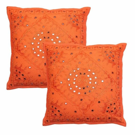2 Pcs Orange Decorative Throw Pillows 16x16 Handmade Mirror Etsy