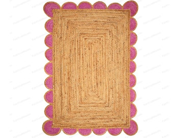 Hot pink Rug Jute Rug Scallop Rug Braided Rug Jute Scalloped Rug Bohemian Scallop Rug Jute Area Rug Jute Rug Rectangular 8x10 Rug 9x12 Rug