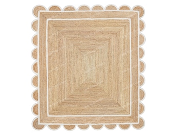 Square Scalloped Jute Rug, Square Jute Rug, White Scalloped Edge Rug, Custom Jute Scallop Rug, Hand braided Scallop Rug, Handwoven Jute Rug