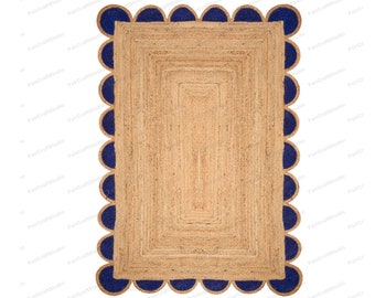Navy Rug Scalloped Jute Rug Scallop Jute Rug Scallop Edge Rug Braided Rug Scallop Rug Sisal Rug Custom Size Rug Jute Scalloped Rug 8x10 Rug