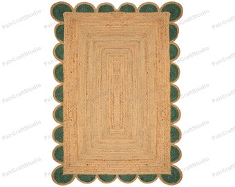 Scallop Rug Emerald Green Jute Rug Scalloped Jute Rug Braided Rug Natural Jute Rug Jute Scalloped Rug Jute Scallop Rug Sisal Rug 8x10 Rug