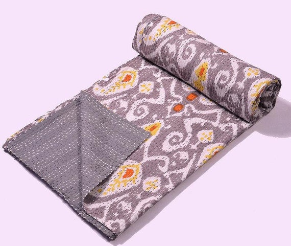 ON SALE Queen Ikat Quilt Blanket In Gray Paisley Kantha Quilt Throw Bedspread