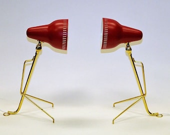 Swedish Red metal and brass desk lamp pair by Falkenberg 1950s