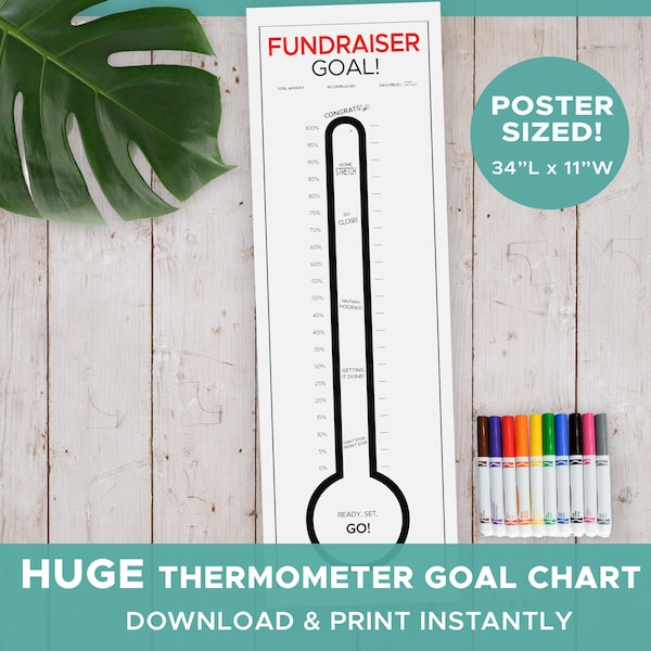 Giant FUNDRAISING Thermometer - Download and Print - Poster Goal Tracker - Customize Savings Money Budget Plan Fund Jar Bank - Coloring