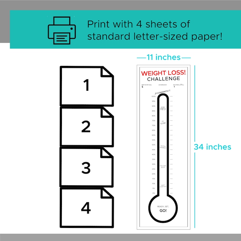 GIANT Weight Loss Goal Thermometer Printable Digital Download Poster ...