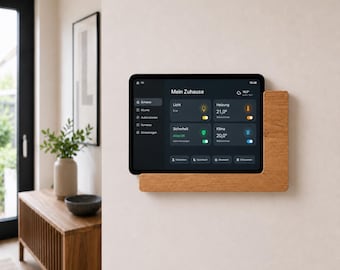 Tablet Wandhalterung Holz Eiche universal, iPad Wandhalter mit Ladefunktion, Tablet Halter Wand Smart Home, USB-C Lightning kompatibel