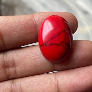 May include: A smooth, oval-shaped red gemstone with black veins running through it.