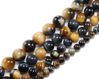 Perles en oeil de tigre bleu AAA, dorées naturelles, lisses, rondes, véritables pierres précieuses naturelles 6 mm 8 mm 15 po.