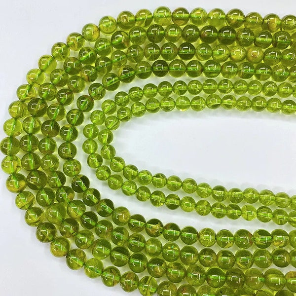 Perline rotonde di peridoto di alta qualità AAA 4MM 6MM 8MM Perline lisce rotonde di peridoto di qualità stellata 15,5 "filo completo