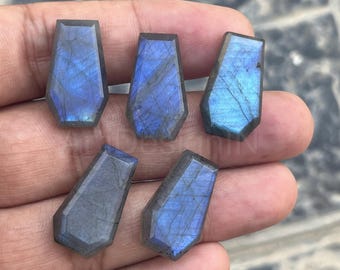 May include: Five faceted labradorite gemstones in shades of blue and gray are displayed. Each stone has a rectangular shape with angled sides and a polished surface, showcasing natural patterns and color variations. The gemstones are held in a hand.