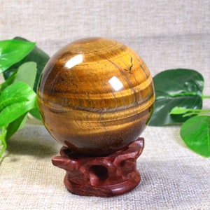 Natural Gold Tiger&#39;s eye Stone Sphere/Yollow Tiger eye Stone Ball/71mm/The Wood Base is Free in The Photos/Strong Healing Energy/Gold Light