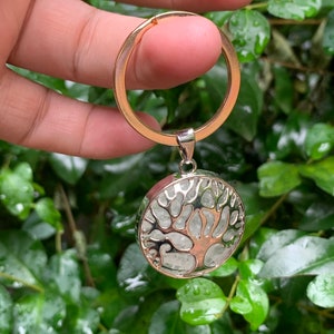 May include: A silver-toned tree of life keychain with a clear crystal center. The keychain is attached to a gold-colored ring.