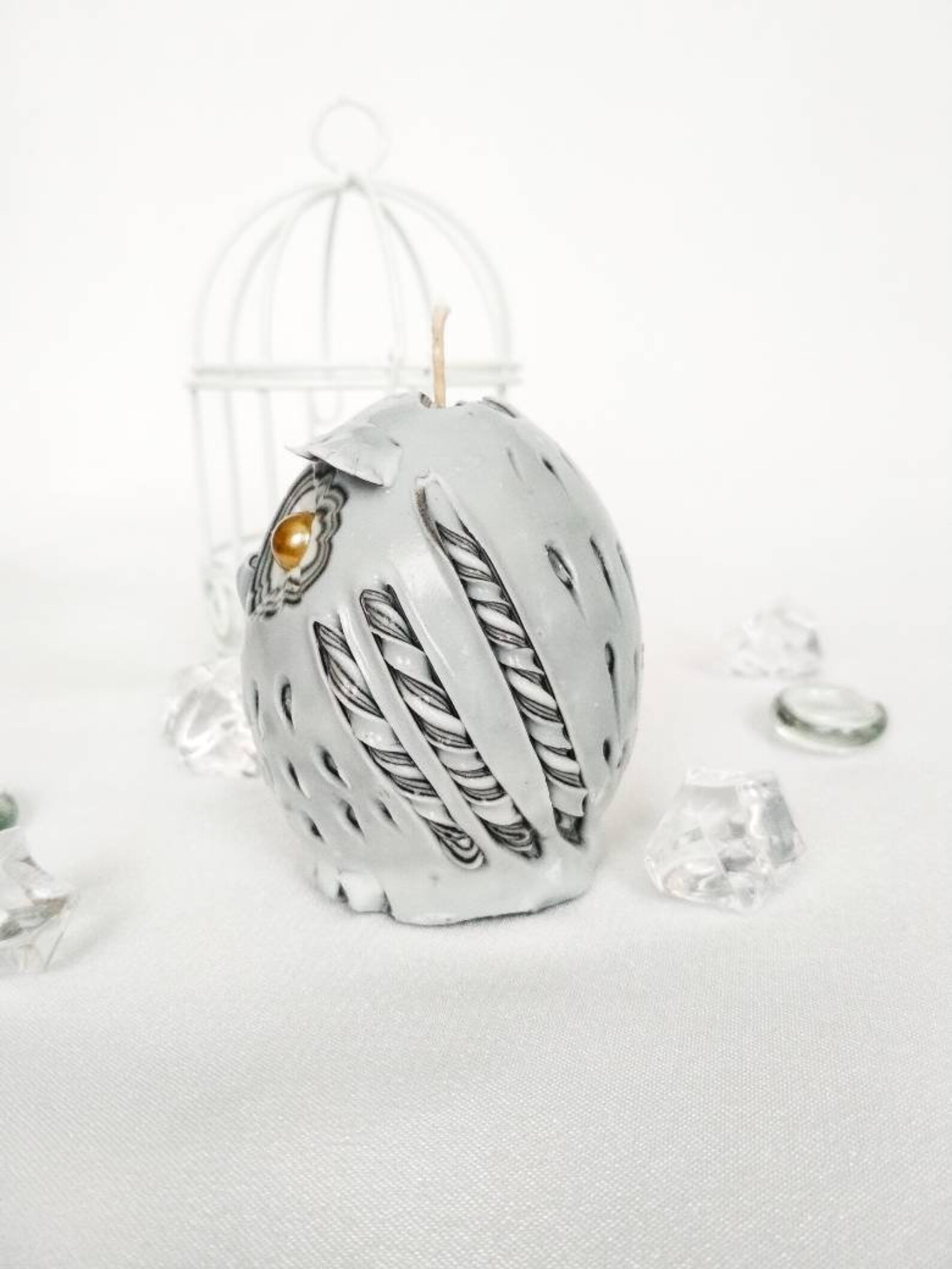 Carved candle small owl grey color may be gift Etsy