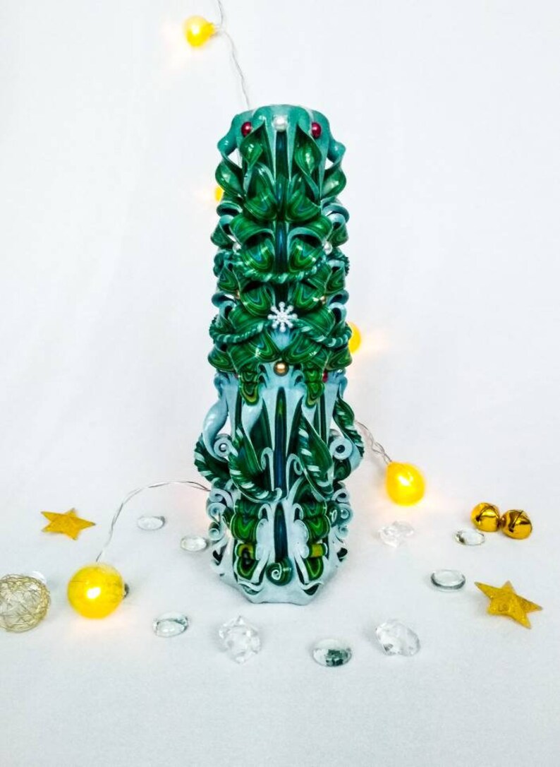 Green carved candles like Christmas trees are fantastic gift Etsy