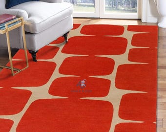 Mustard and Beige Base Abstract Handmade Wool Rug Hand Tufted Mid-Century Style Wollen Area Rug for Living Room, Bedroom and Dining Room