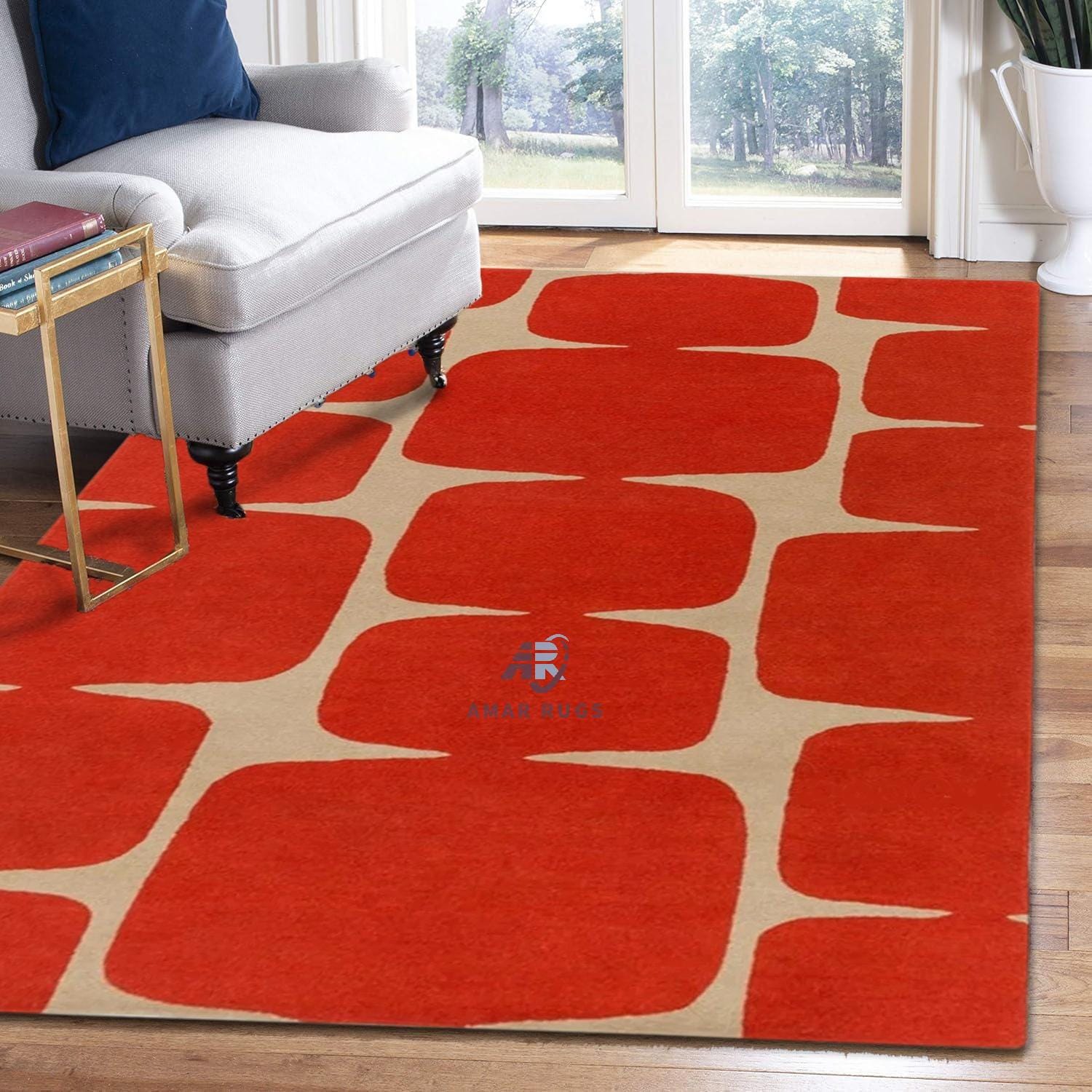 ハンドタフテッドレッド幾何学模様ウールラグ – ミッドセンチュリー