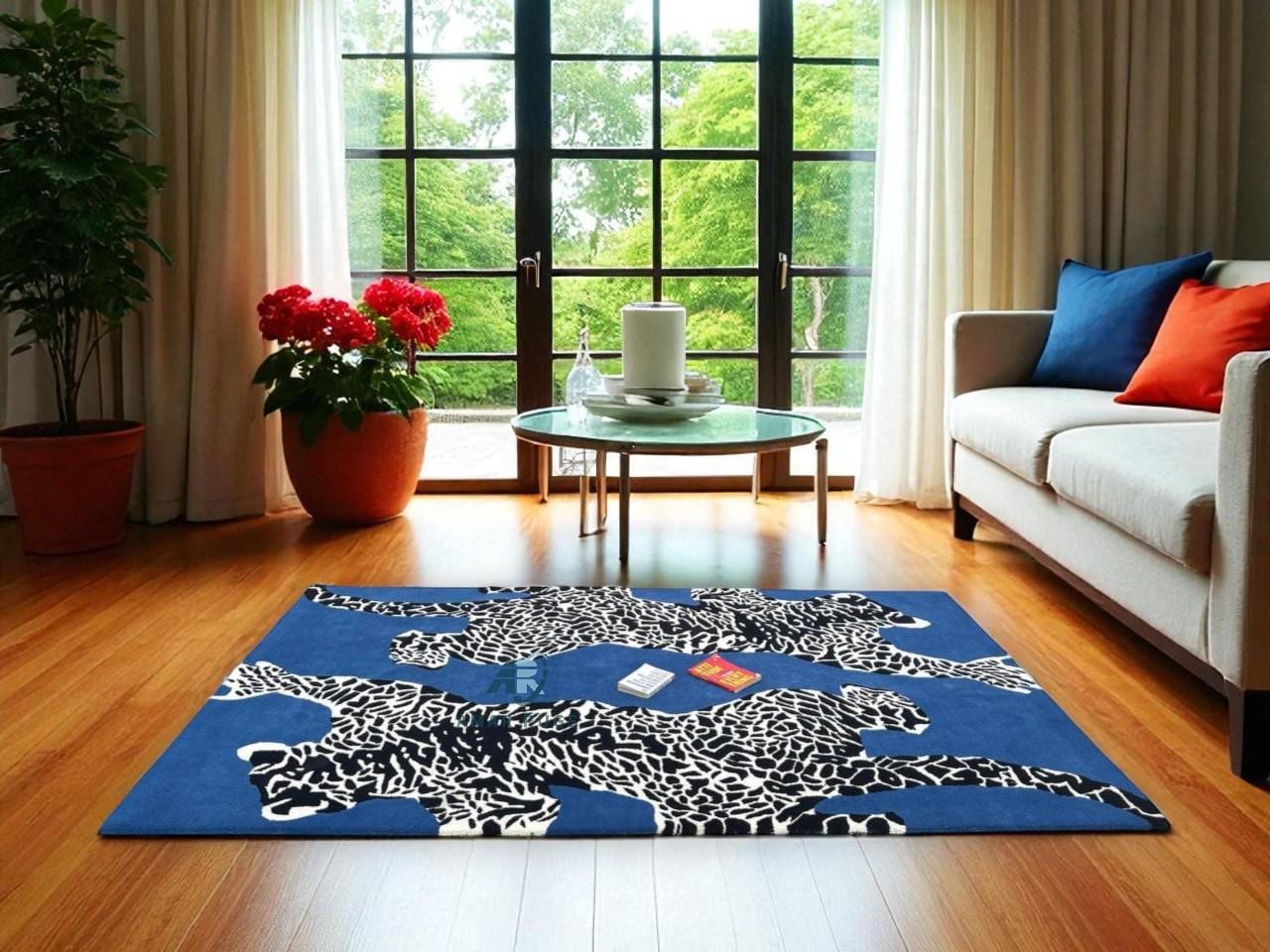 Blue Climbing Jaguar Modern Handmade Wool Rug for Living Room, Bedroom and Dining Room