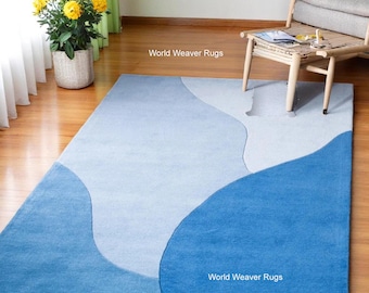 Modern Abstract Blue Area Rug – Wave Design in Gradient Shades – Contemporary Minimalist Floor Décor, Living room, hallway, entryway