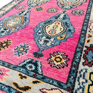 Hand-Knotted Pink Oushak Wool Rug: Boho Floral Area Rug