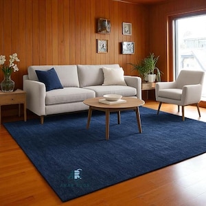 Hand Tufted Wool Rug: Solid Navy Blue Minimalist Carpet