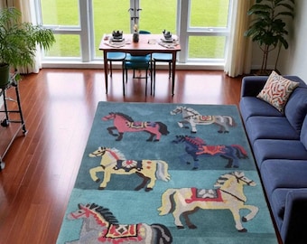 Colorful Carousel Horse Rug – Hand-Tufted Kids Room Carpet Handmade Wool Rug for Children’s Room Decor