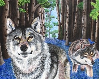 Wolves in a Bluebell Wood - Original acrylic painting on stretched canvas