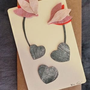 carte fleurs unique à offrir pour la Saint-Valentin, art-textile, carte fantaisie, 8x13cm, pièce unique, enveloppe. cadeau pour elle