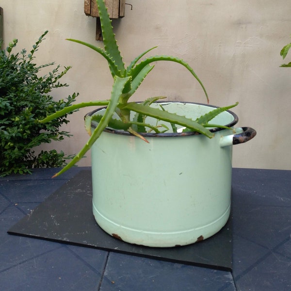 Enameled large pot, vintage blue XL Flower farmhouse planter