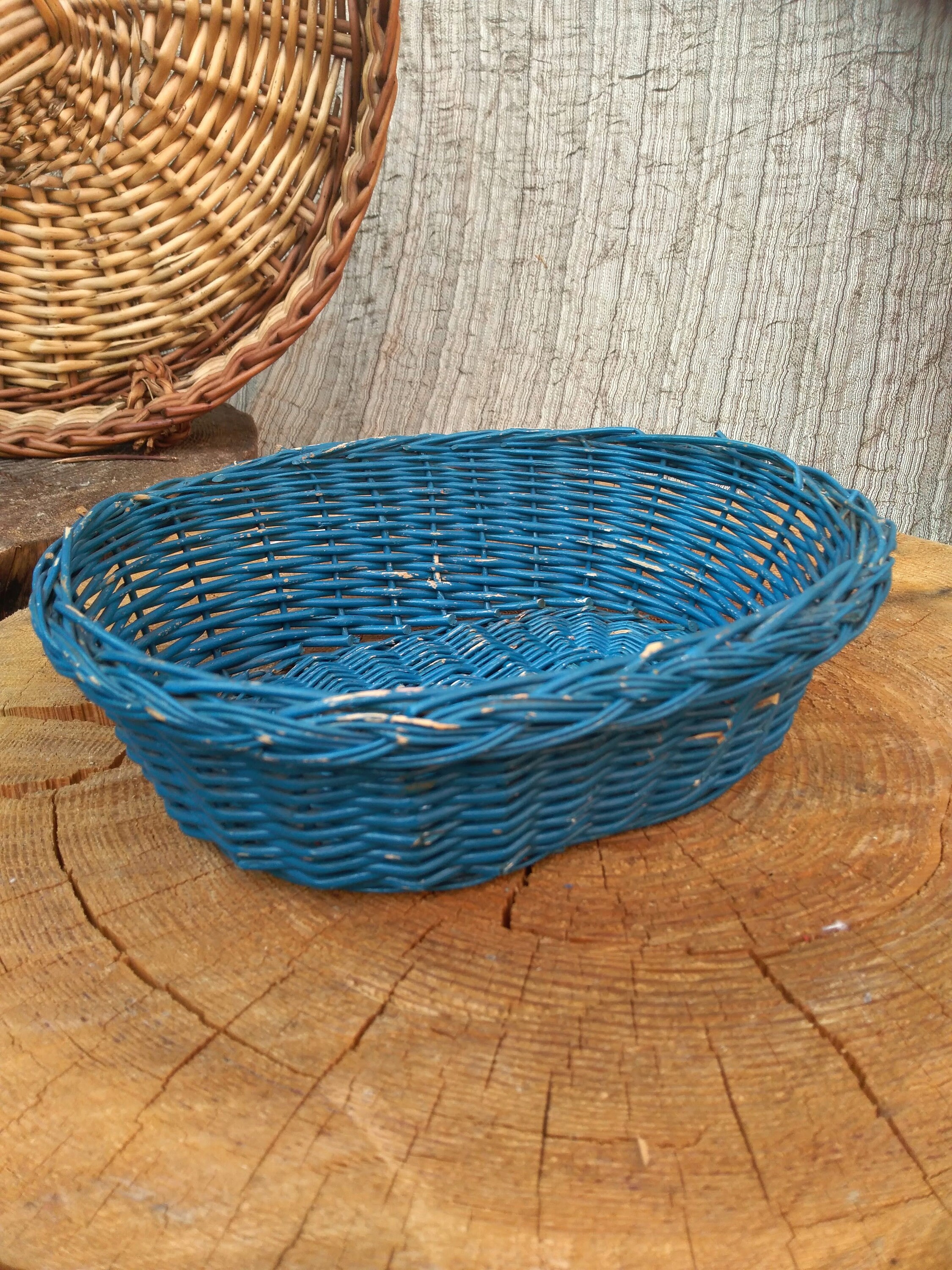 Shallow wicker basket blue woven basket Vintage | Etsy