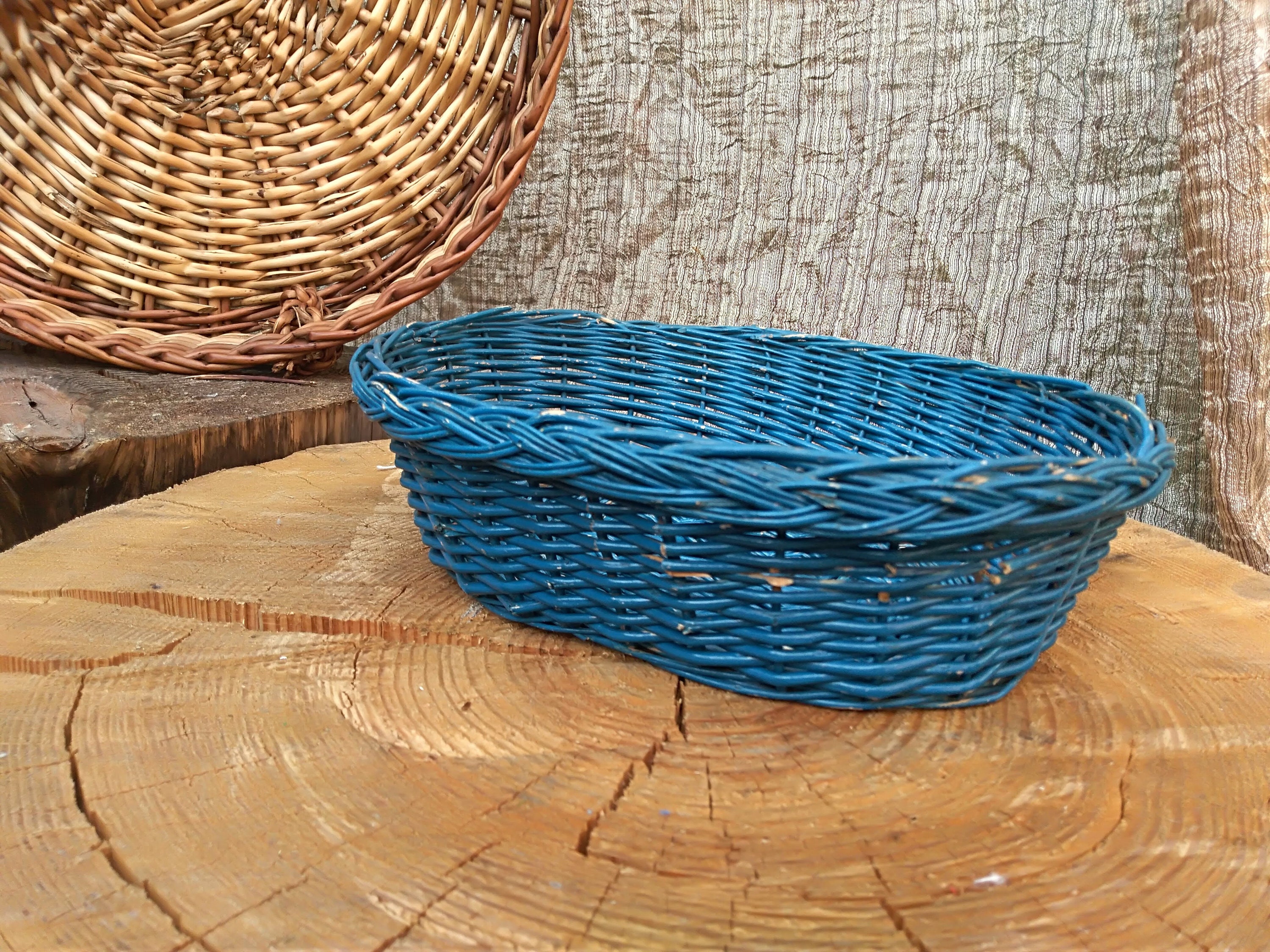 Shallow wicker basket blue woven basket Vintage | Etsy