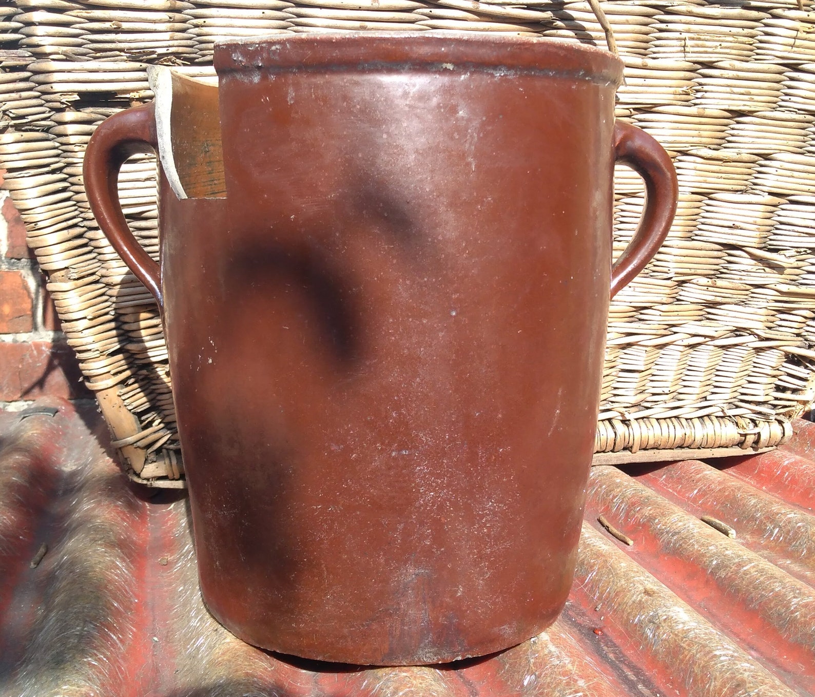 Vintage large clay pot with handles tall stoneware brown Etsy