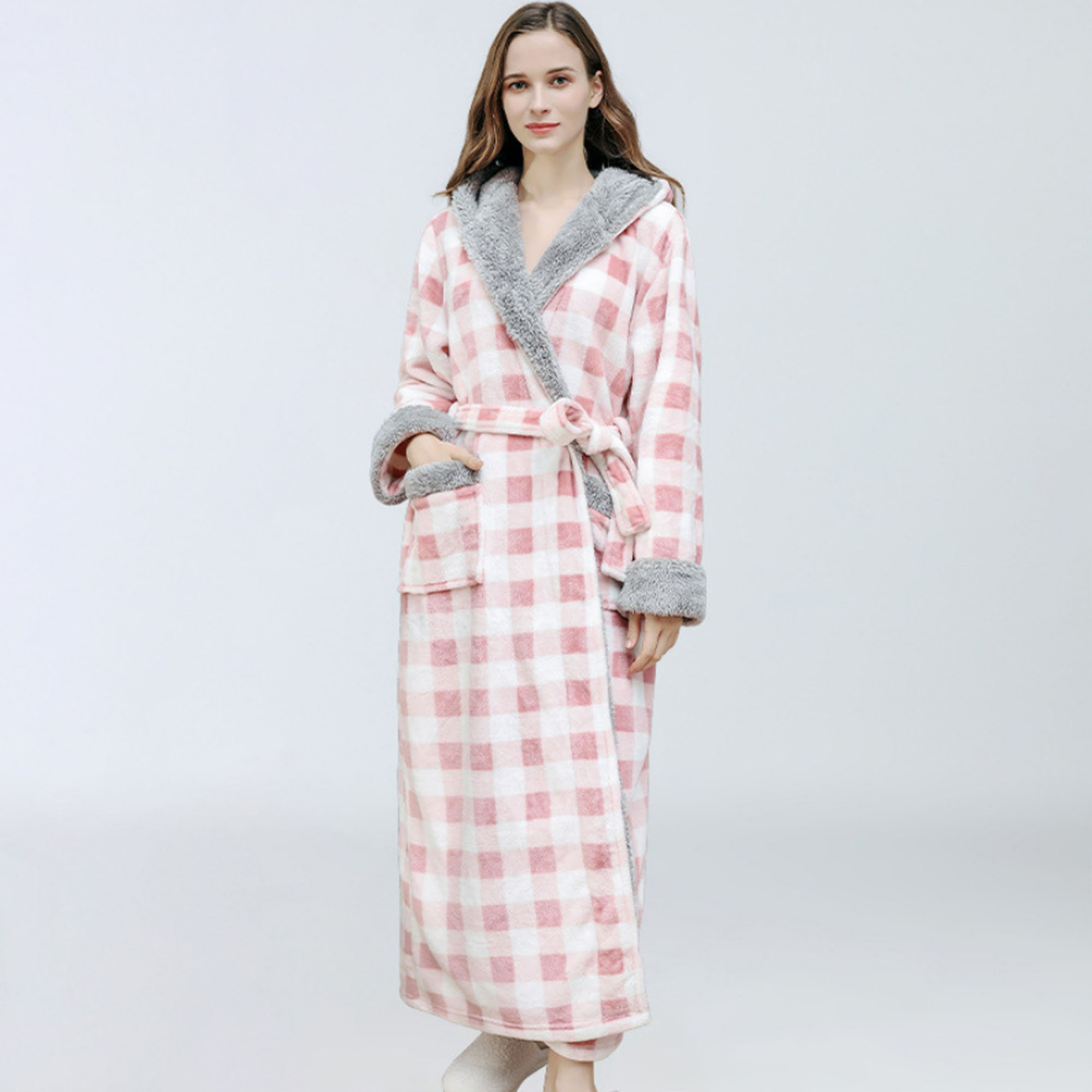 Womens Checkered velvet robe Long Hooded Bathrobe Fleece Full Etsy