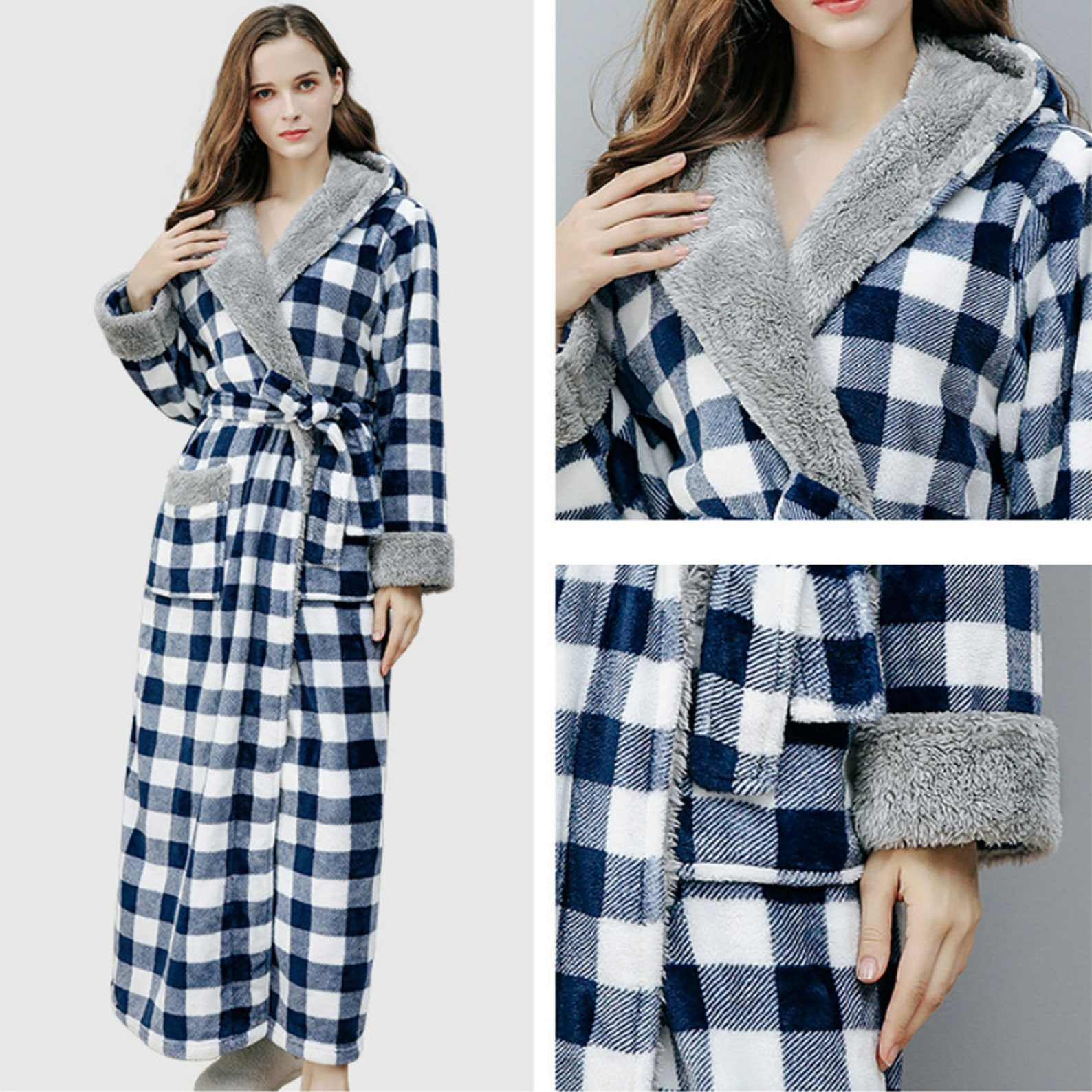 Womens Checkered velvet robe Long Hooded Bathrobe Fleece Full Etsy