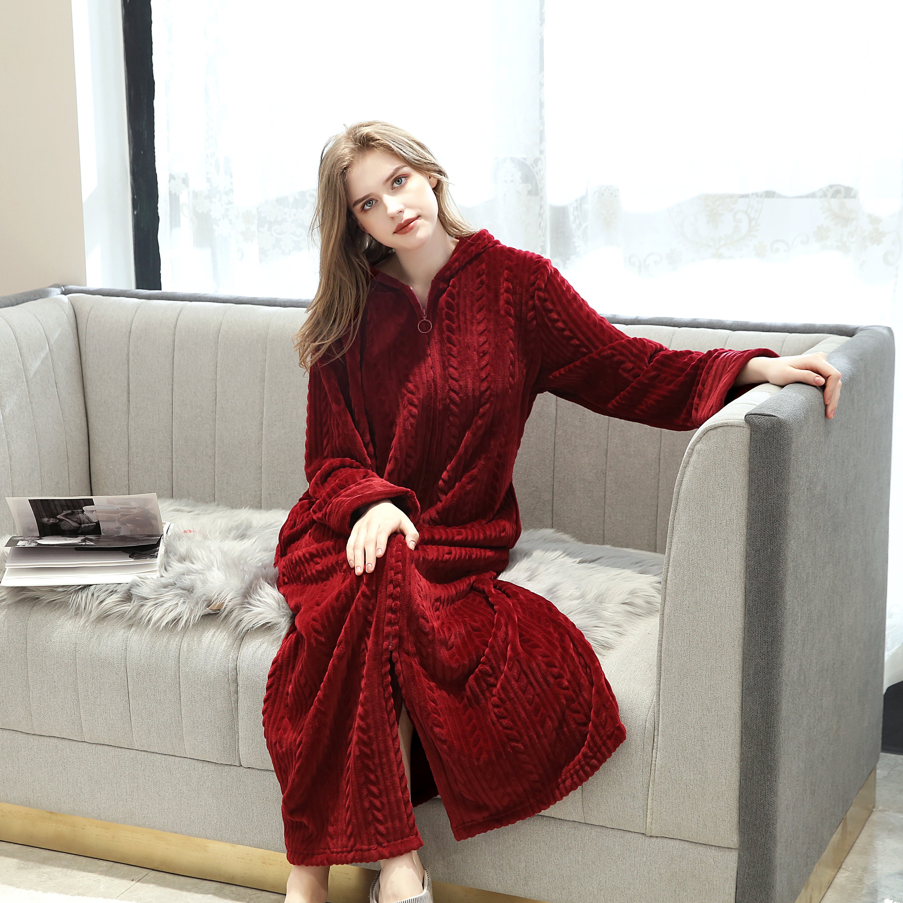 Womens Velvet Robe Long Hooded Bathrobe Fleece Full Length Etsy UK