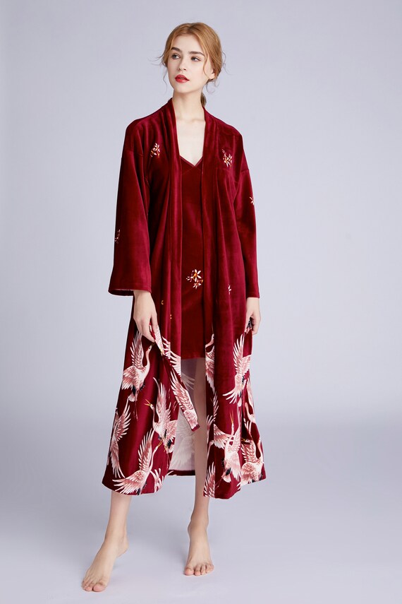 Women Long Velvet Robe Printed halter robe twopiece set Etsy