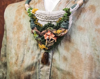 Witchy necklace, tiger eye stone necklace, forest witch fashion, textile jewelry, pagan woman jewelry, mushroom art jewelry, strega fashion