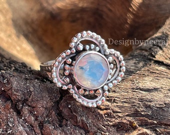 Natural Moonstone Ring, Sterling Silver Ring, Rainbow Moonstone, Blue Fire Ring, Statement Ring, Boho Rings, Birthstone Ring, Gift For Her