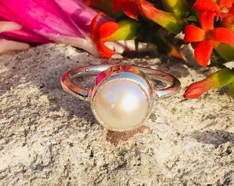 Freshwater Pearl Silver Statement Ring, 925 Sterling Silver Ring, Natural Pearl Ring, Gemstone Ring, Round Pearl Ring, Boho, Gift for her