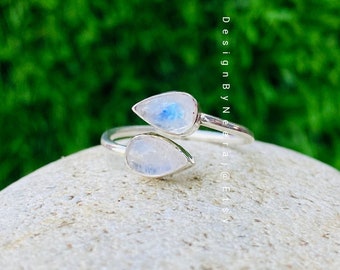 Natural Rainbow Moonstone Ring, 925 Sterling Silver, Handmade Jewelry, Pear Moonstone Ring, Blue Fire Moonstone, Women Ring, Gift For Her